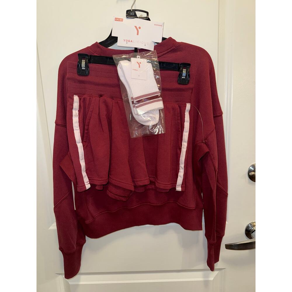 ogalicious 3 Piece Set XS Burgundy Lounge Set Shorts Sweatshirt Socks NWT